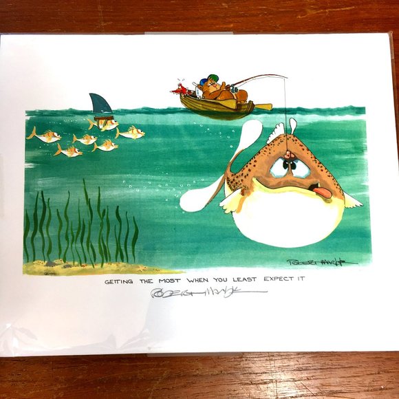 ROBERT MARBLE  Signed Art Print 1991 Fishing Bear  Vtg - Picture 1 of 6